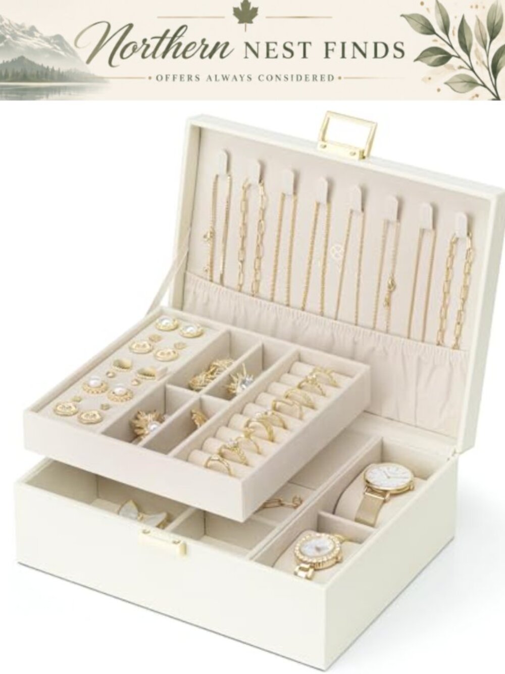 VLANDO 2-Layer Jewelry Box Organizer PU Leather Watch Pillow